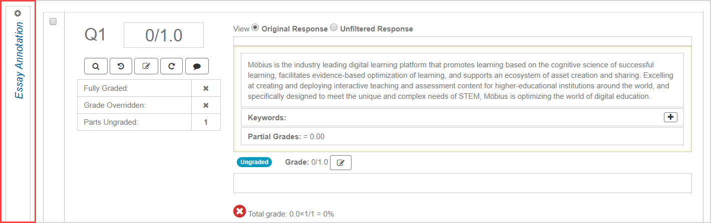 The Essay Annotation Palette is on the left side of the Question pane.